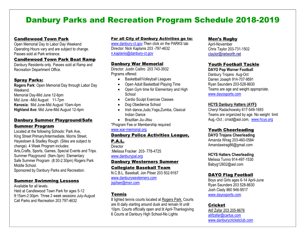 Danbury Parks and Recreation Program Schedule 2018-2019