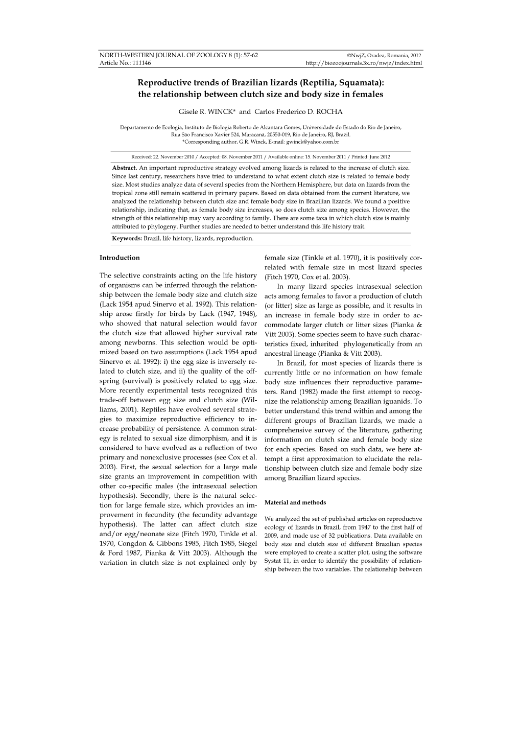 Reproductive Trends of Brazilian Lizards (Reptilia, Squamata): the Relationship Between Clutch Size and Body Size in Females