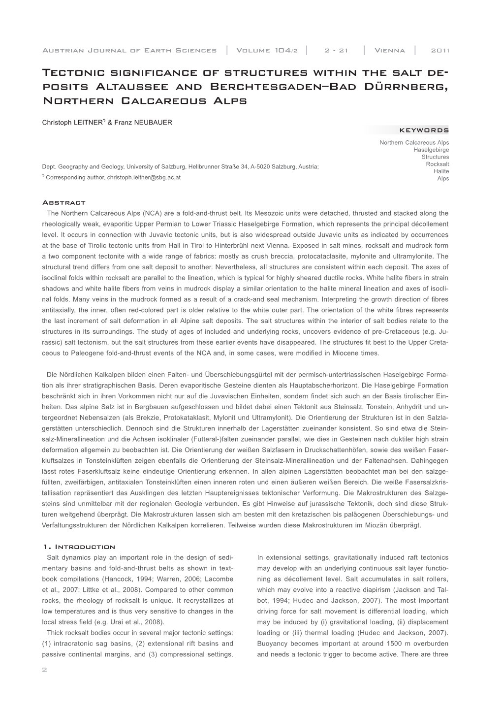 Tectonic Significance of Structures Within the Salt De- Posits Altaussee and Berchtesgaden–Bad Dürrnberg, Northern Calcareous Alps______