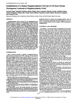 Establishment of a Human Megakaryoblastic Cell Line (T-33) from Chronic Myelogenous Leukemia in Megakaryoblastic Crisis1