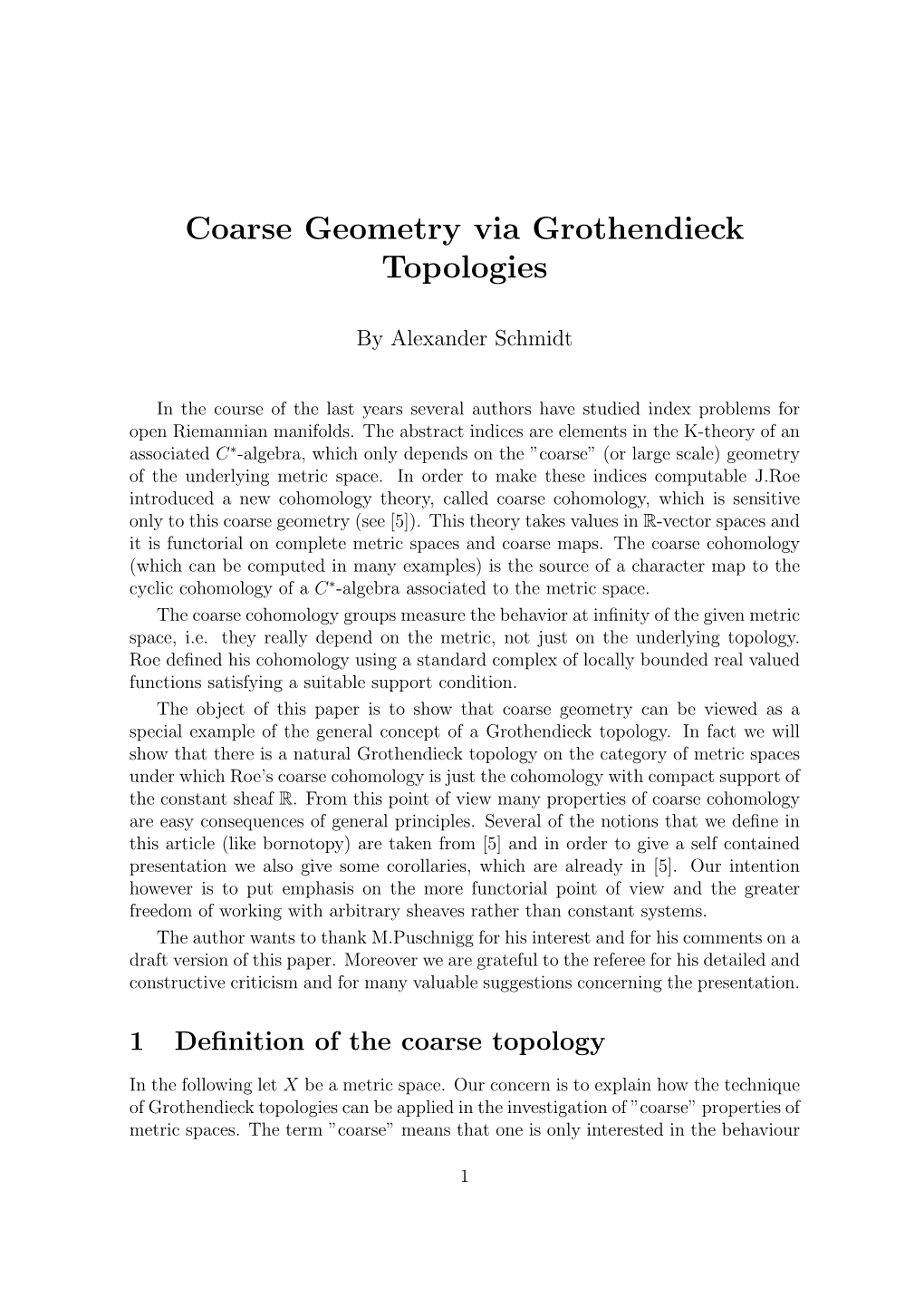 Coarse Geometry Via Grothendieck Topologies