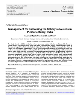 Management for Sustaining the Fishery Resources in Pulicat Estuary, India