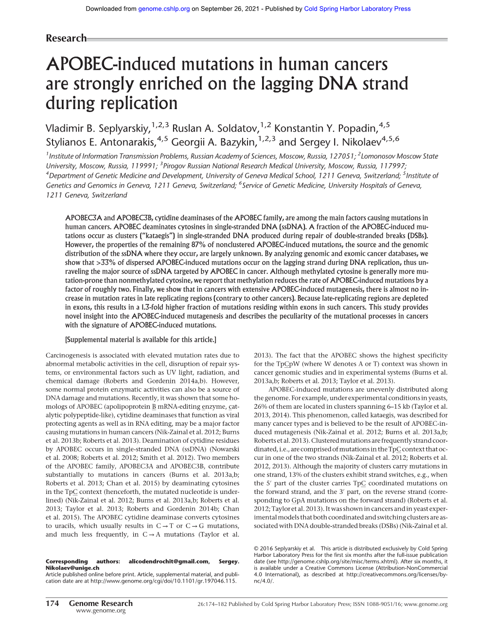 APOBEC-Induced Mutations in Human Cancers Are Strongly Enriched on the Lagging DNA Strand During Replication