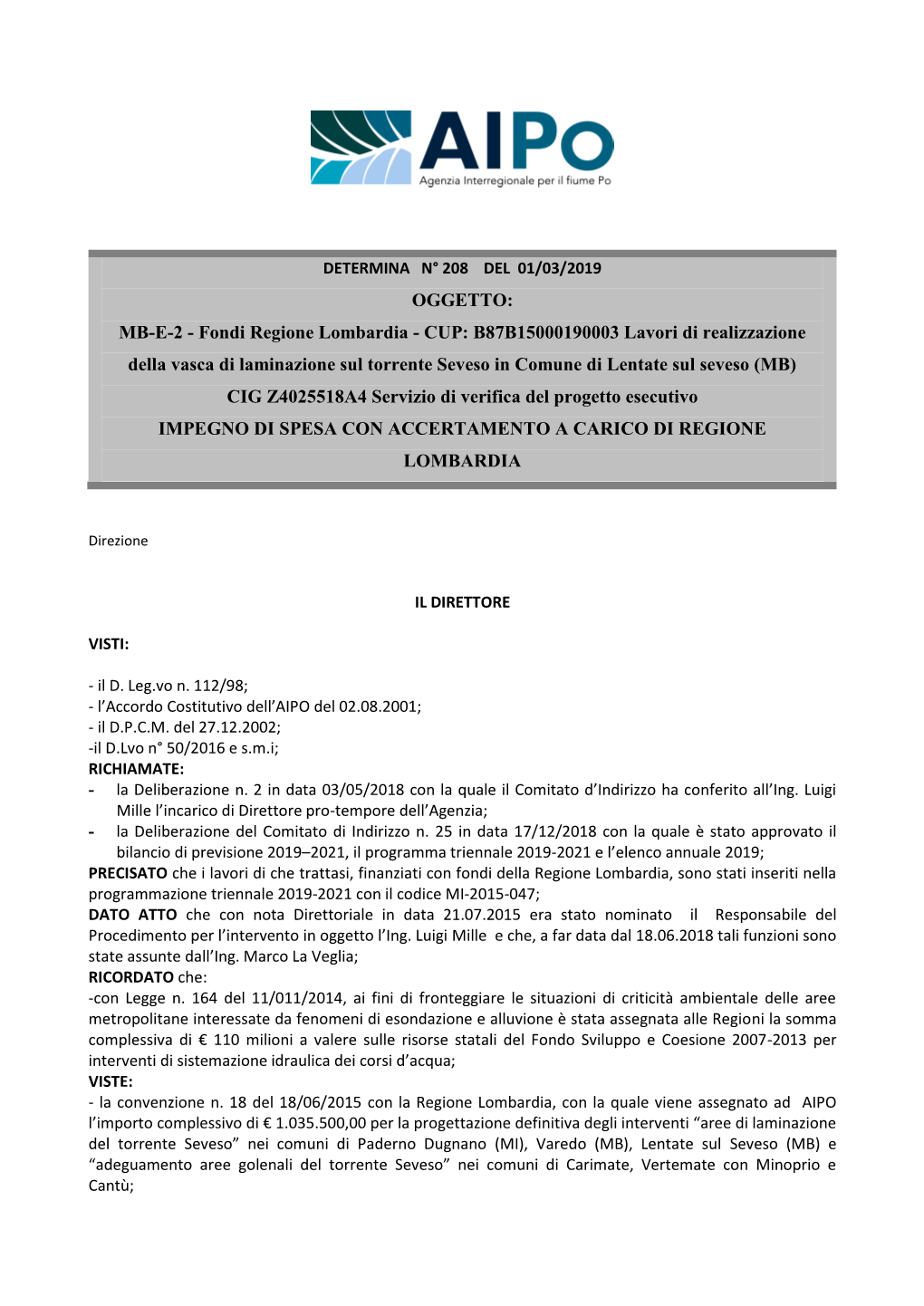 MB E 2 Determina N 208 Del 01 03 2019 Aggiudicazione Servizio Di