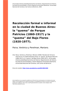 La “Quema” De Parque Patricios (1860-1917) Y La “Quema” Del Bajo Flores (1920-1977)