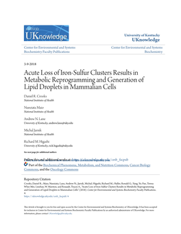 Acute Loss of Iron-Sulfur Clusters Results in Metabolic Reprogramming and Generation of Lipid Droplets in Mammalian Cells Daniel R