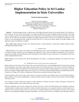 Higher Education Policy in Sri Lanka: Implementation in State Universities