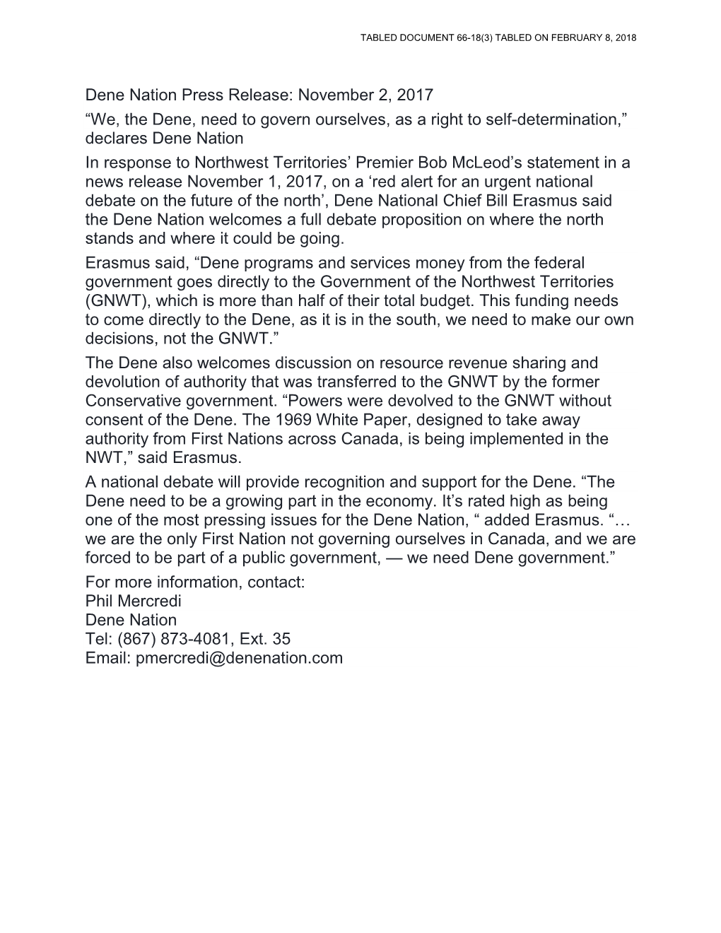 Press Releases from Dene Nation, Inuvialuit Regional Corporation