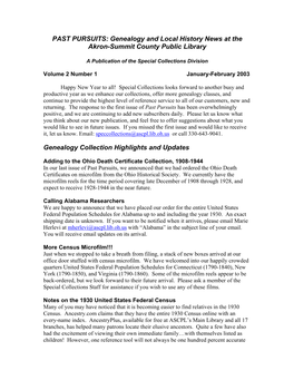 PAST PURSUITS: Genealogy and Local History News at the Akron-Summit County Public Library