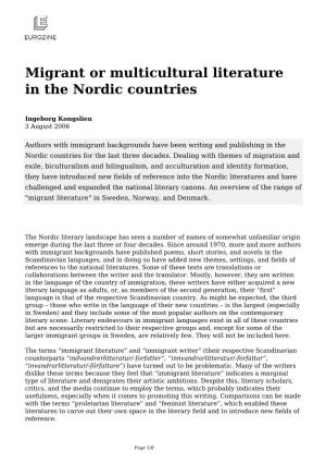 Migrant Or Multicultural Literature in the Nordic Countries