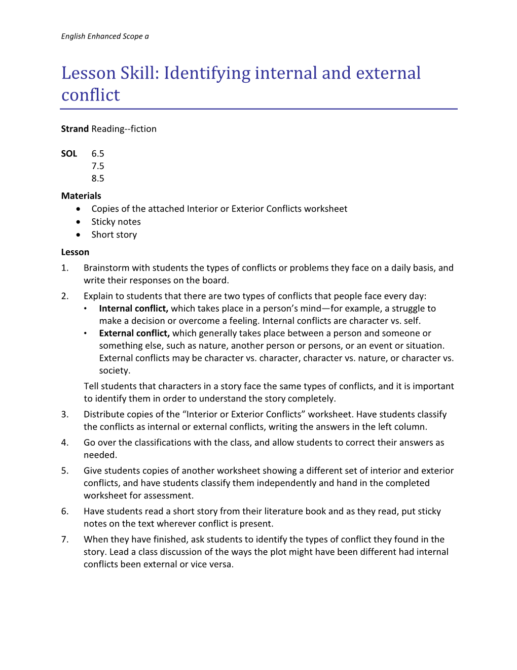 Lesson Skill: Identifying Internal and External Conflict