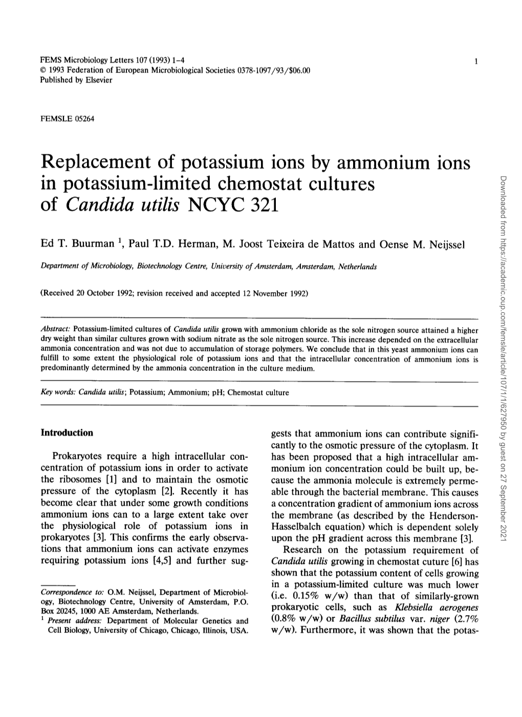 Replacement of Potassium Ions by Ammonium Ions in Potassium-Limited Chemostat Cultures of Candida Utilis NCYC