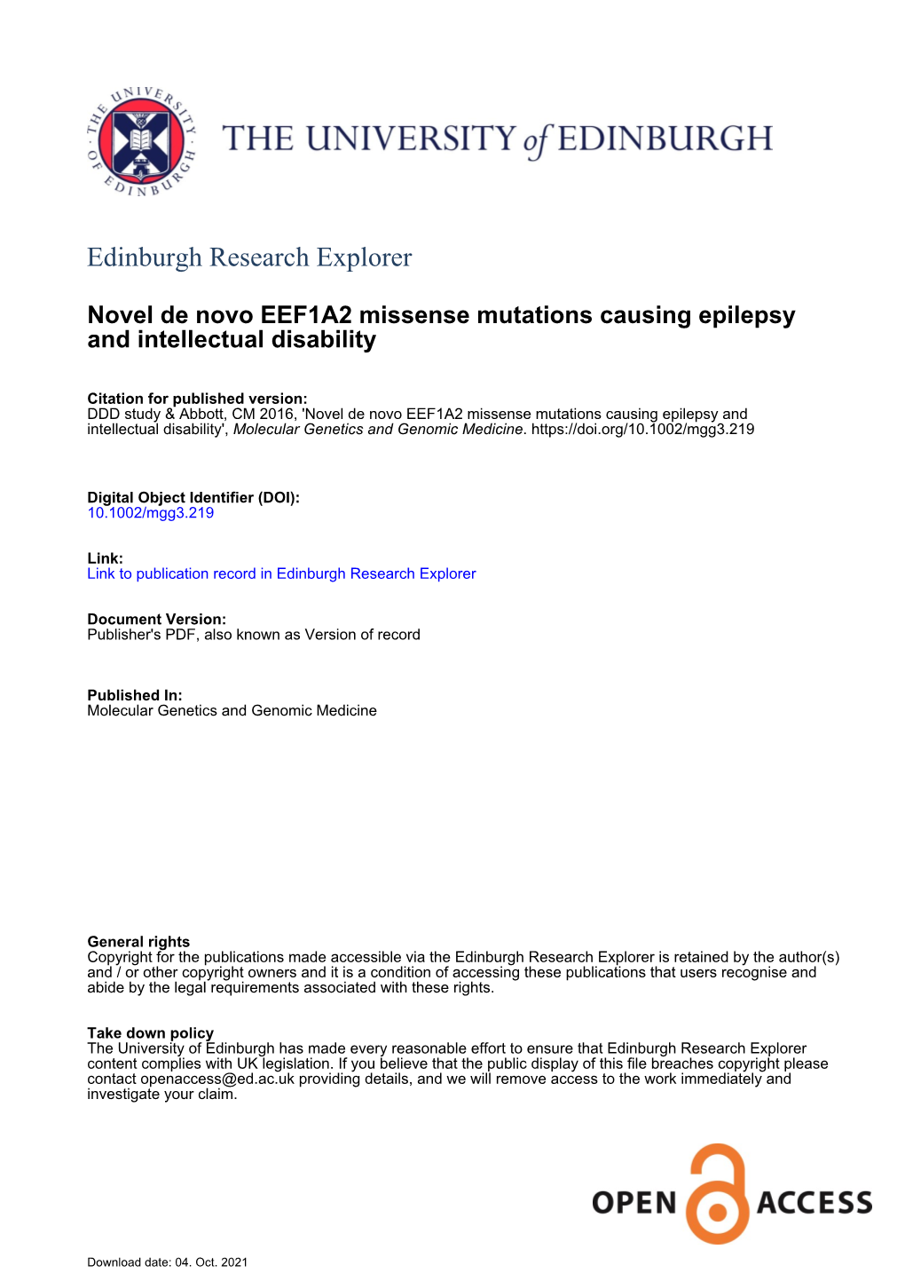 Novel De Novo EEF1A2 Missense Mutations Causing Epilepsy and Intellectual Disability