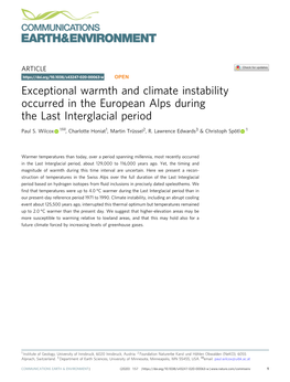 Exceptional Warmth and Climate Instability Occurred in the European Alps During the Last Interglacial Period ✉ Paul S