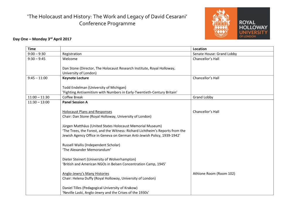 'The Holocaust and History: the Work and Legacy of David Cesarani' Conference Programme