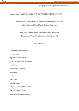 Prosopagnosia with Topographical Difficulties 1