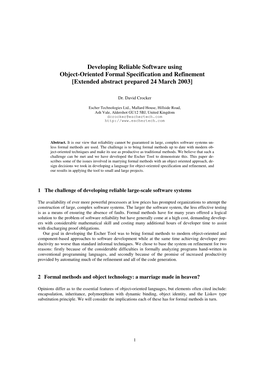 Developing Reliable Software Using Object-Oriented Formal Specification and Refinement [Extended Abstract Prepared 24 March 2003]