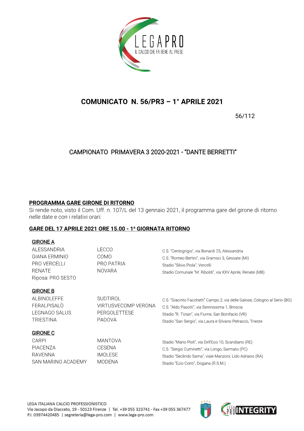 Comunicato N. 56/Pr3 – 1° Aprile 2021