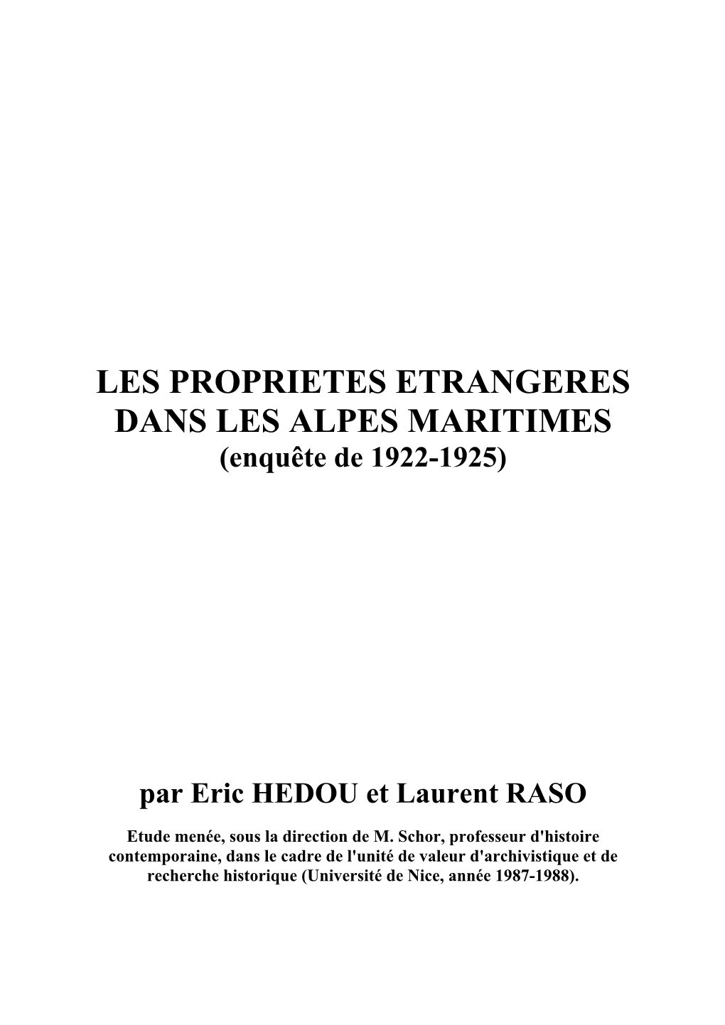 LES PROPRIETES ETRANGERES DANS LES ALPES MARITIMES (Enquête De 1922-1925)