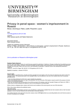 Privacy in Penal Space : Women's Imprisonment in Russia