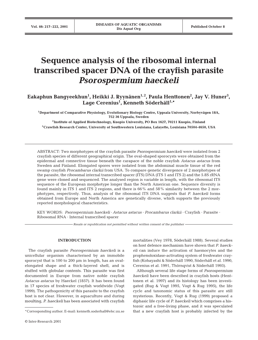 Sequence Analysis of the Ribosomal Internal Transcribed Spacer DNA of the Crayfish Parasite Psorospermium Haeckeli