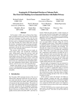 Scantegrity II Municipal Election at Takoma Park: the First E2E Binding Governmental Election with Ballot Privacy