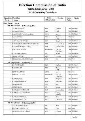 Election Commission of India State Elections - 2005 List of Contesting Candidates