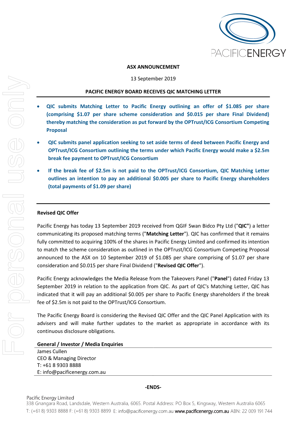 For Personal Use Only Use Personal for CEO & Managing Director T: +61 8 9303 8888 E: Info@Pacificenergy.Com.Au