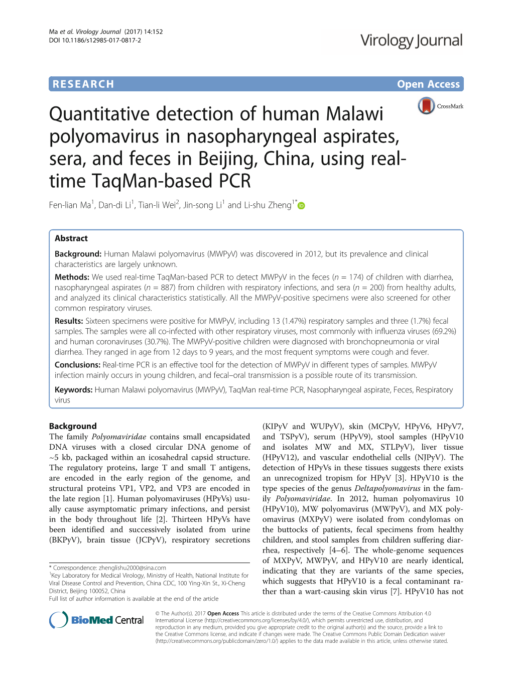 Quantitative Detection of Human Malawi Polyomavirus in Nasopharyngeal Aspirates, Sera, and Feces in Beijing, China, Using Real-T