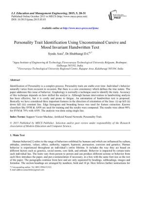 Personality Trait Identification Using Unconstrained Cursive and Mood Invariant Handwritten Text Syeda Asraa, Dr.Shubhangi D.Cb,*