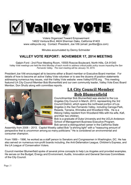 LA City Council Member Bob Blumenfield and Our Own Community Leader, Valley Vote Exec Board Member, Don Shultz Along with Committee Reports