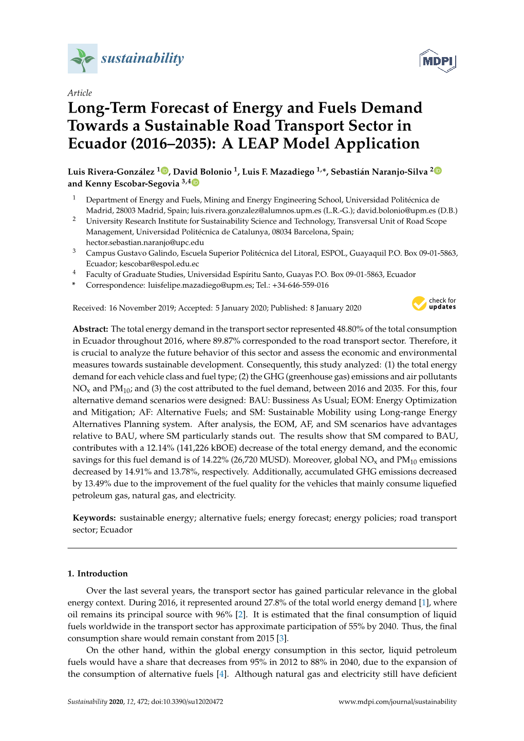 Long-Term Forecast of Energy and Fuels Demand Towards a Sustainable Road Transport Sector in Ecuador (2016–2035): a LEAP Model Application