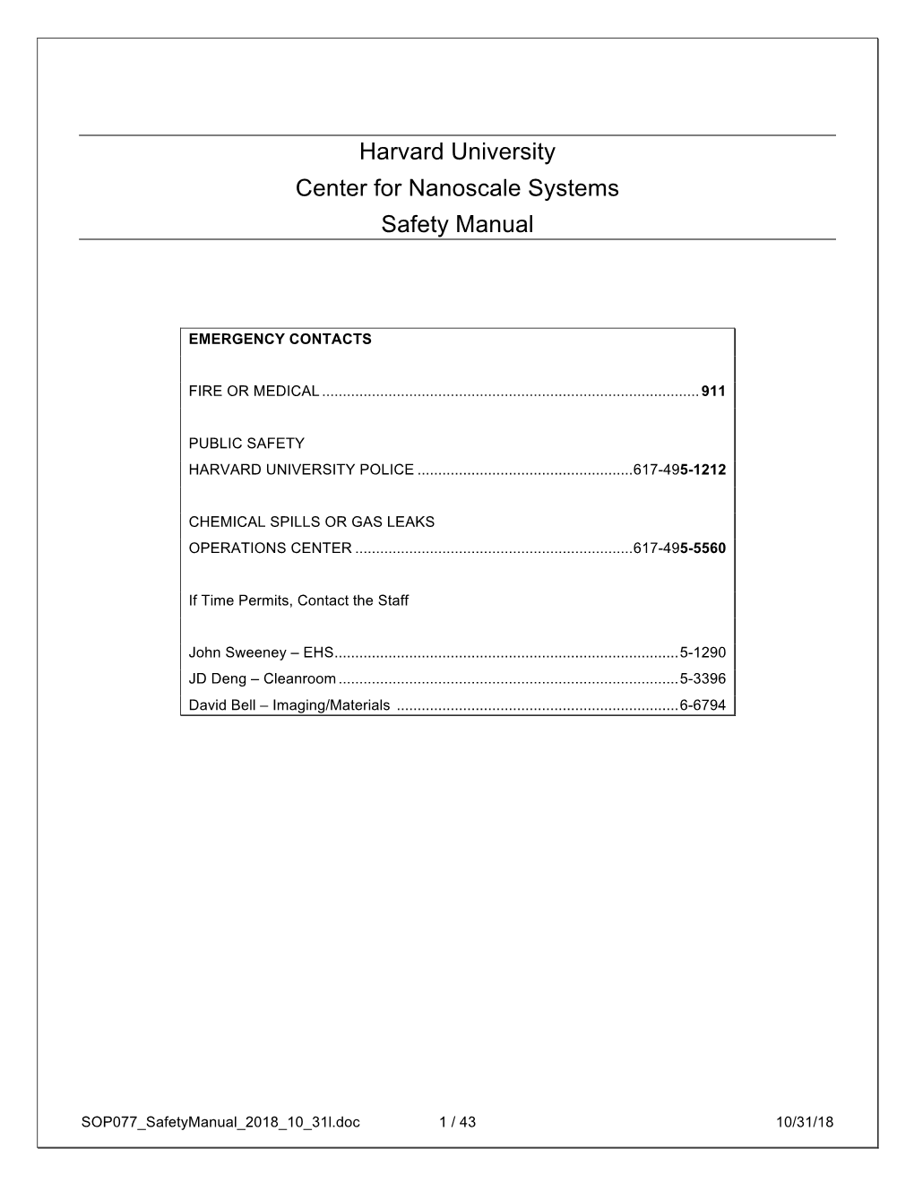 Harvard University Center for Nanoscale Systems Safety Manual