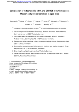 Combination of Mitochondrial Trna and OXPHOS Mutation Reduces Lifespan and Physical Condition in Aged Mice