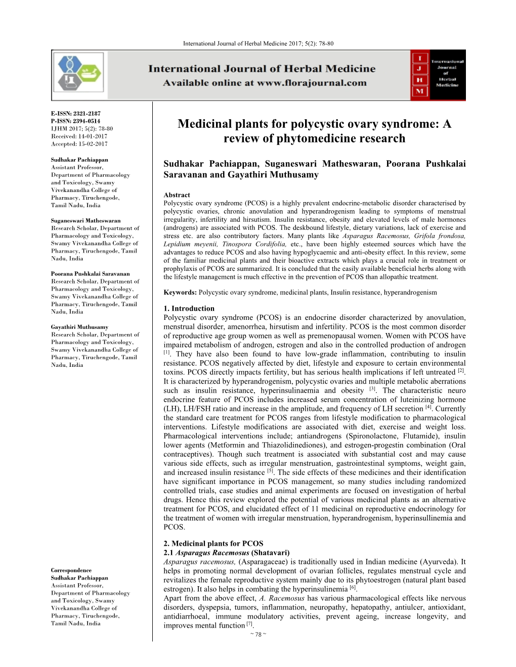 Medicinal Plants for Polycystic Ovary Syndrome: a Received: 14-01-2017 Accepted: 15-02-2017 Review of Phytomedicine Research