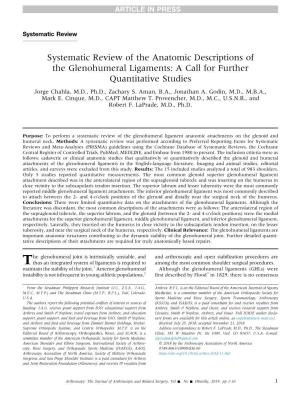 Systematic Review of the Anatomic Descriptions of the Glenohumeral Ligaments: a Call for Further Quantitative Studies Jorge Chahla, M.D., Ph.D., Zachary S