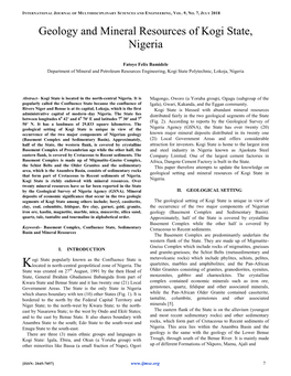 Geology and Mineral Resources of Kogi State, Nigeria