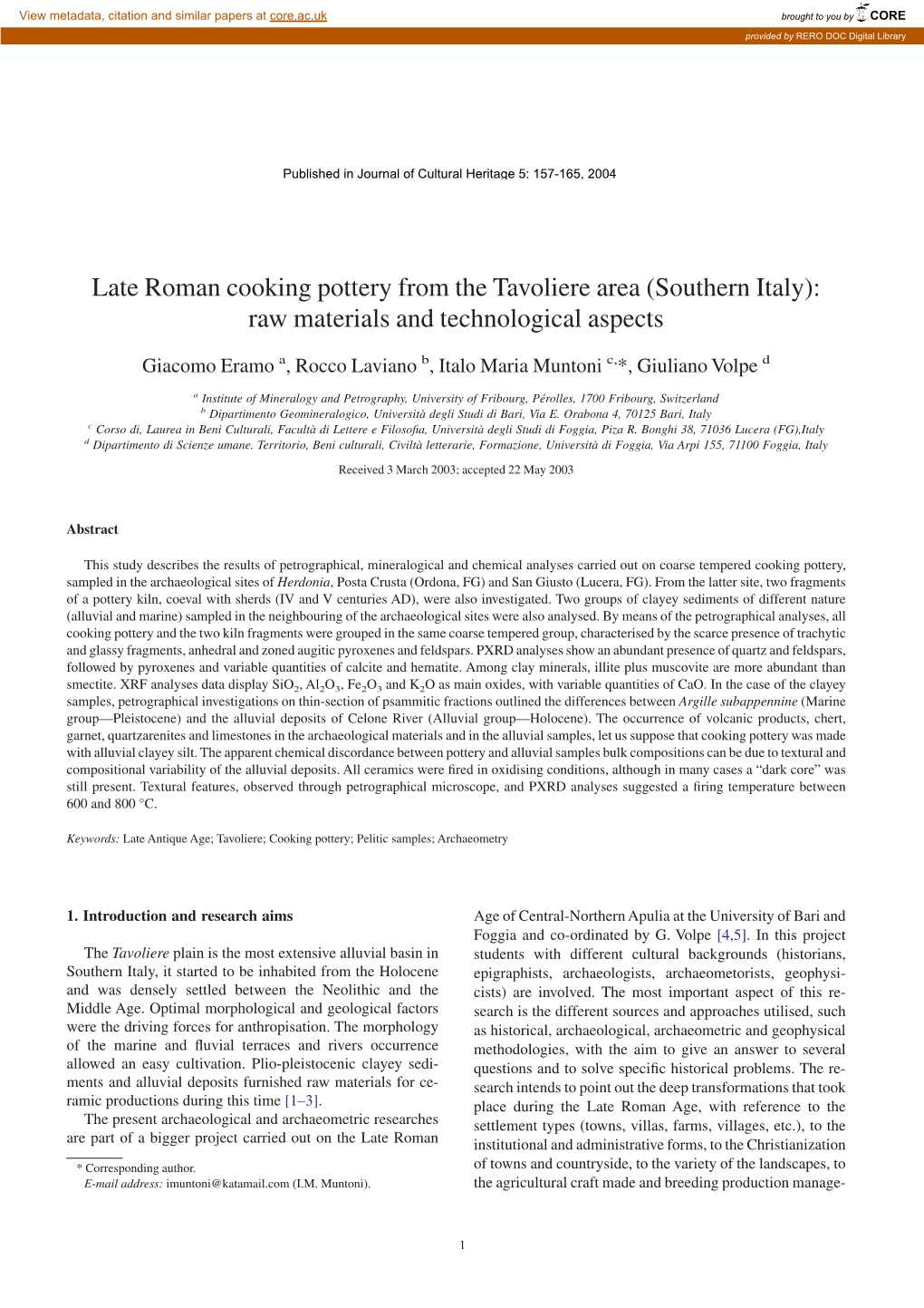 Late Roman Cooking Pottery from the Tavoliere Area (Southern Italy): Raw Materials and Technological Aspects