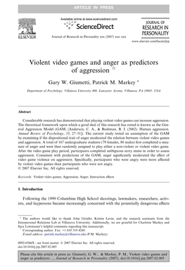 Violent Video Games and Anger As Predictors of Aggression Q
