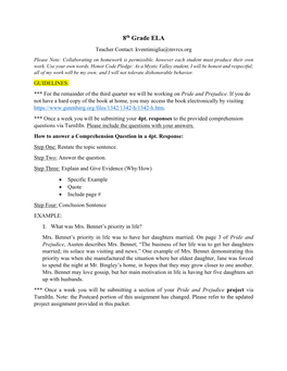 8Th Grade ELA Teacher Contact: Kventimiglia@Mvrcs.Org Please Note: Collaborating on Homework Is Permissible, However Each Student Must Produce Their Own Work