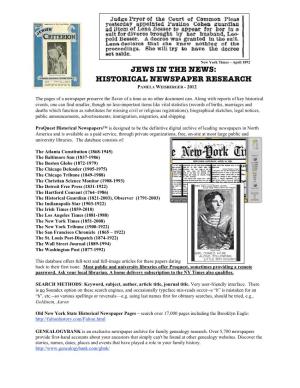 Jews in the News: Historical Newspaper Research Pamela Weisberger - 2012