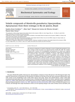 Volatile Compounds of Mandevilla Guanabarica (Apocynoideae, Apocynaceae) from Three Restingas in Rio De Janeiro, Brazil