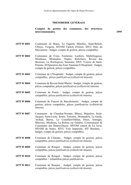 TRESORERIE GENERALE Comptes De Gestion Des Communes, Des Structures Intercommunales. 1995 1075 W 0001 Communes De Braux, Le Fuge