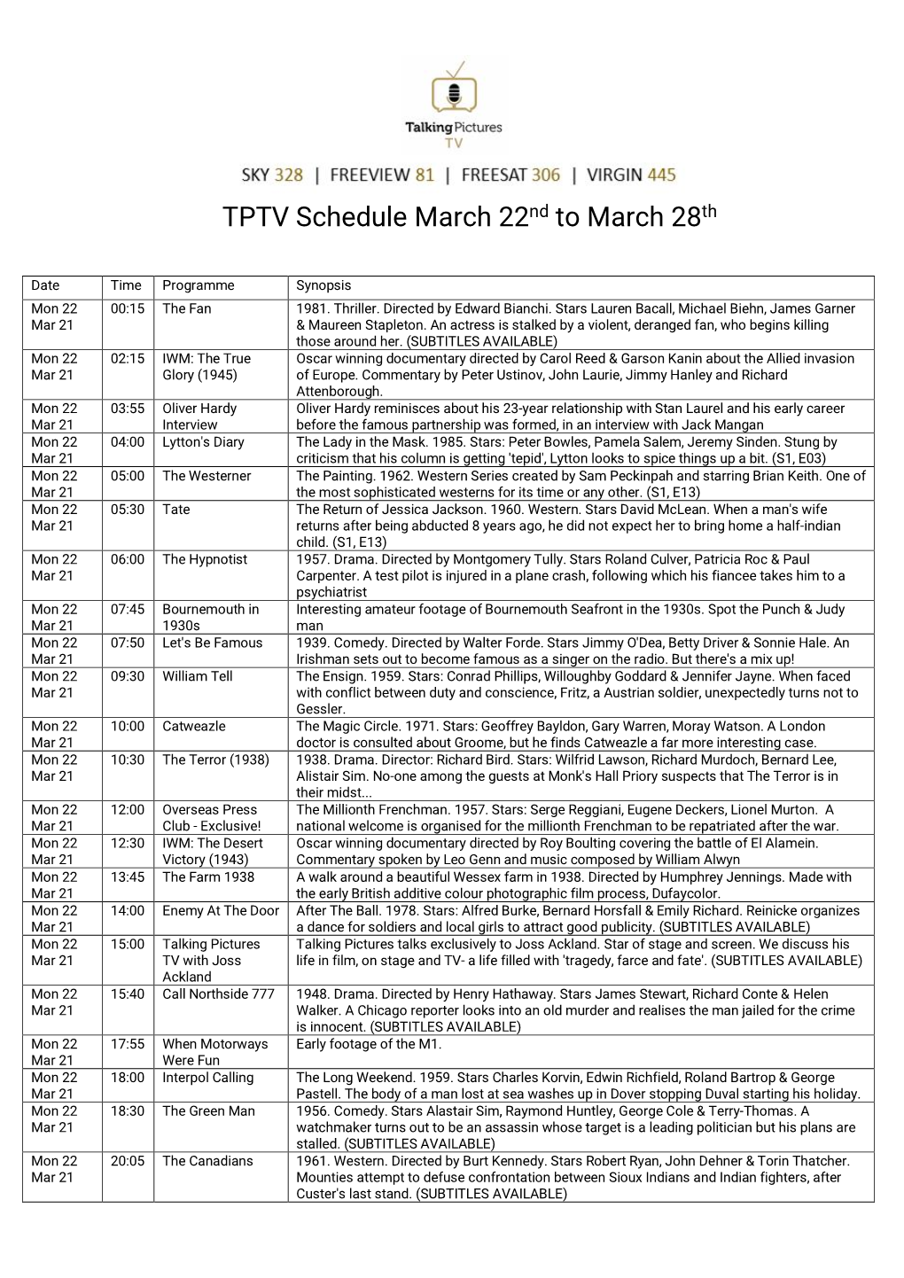 TPTV Schedule March 22Nd to March 28Th