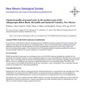 Chemical Quality of Ground Water in the Northern Part of the Albuquerque-Belen Basin, Bernalillo and Sandoval Counties, New Mexico William L