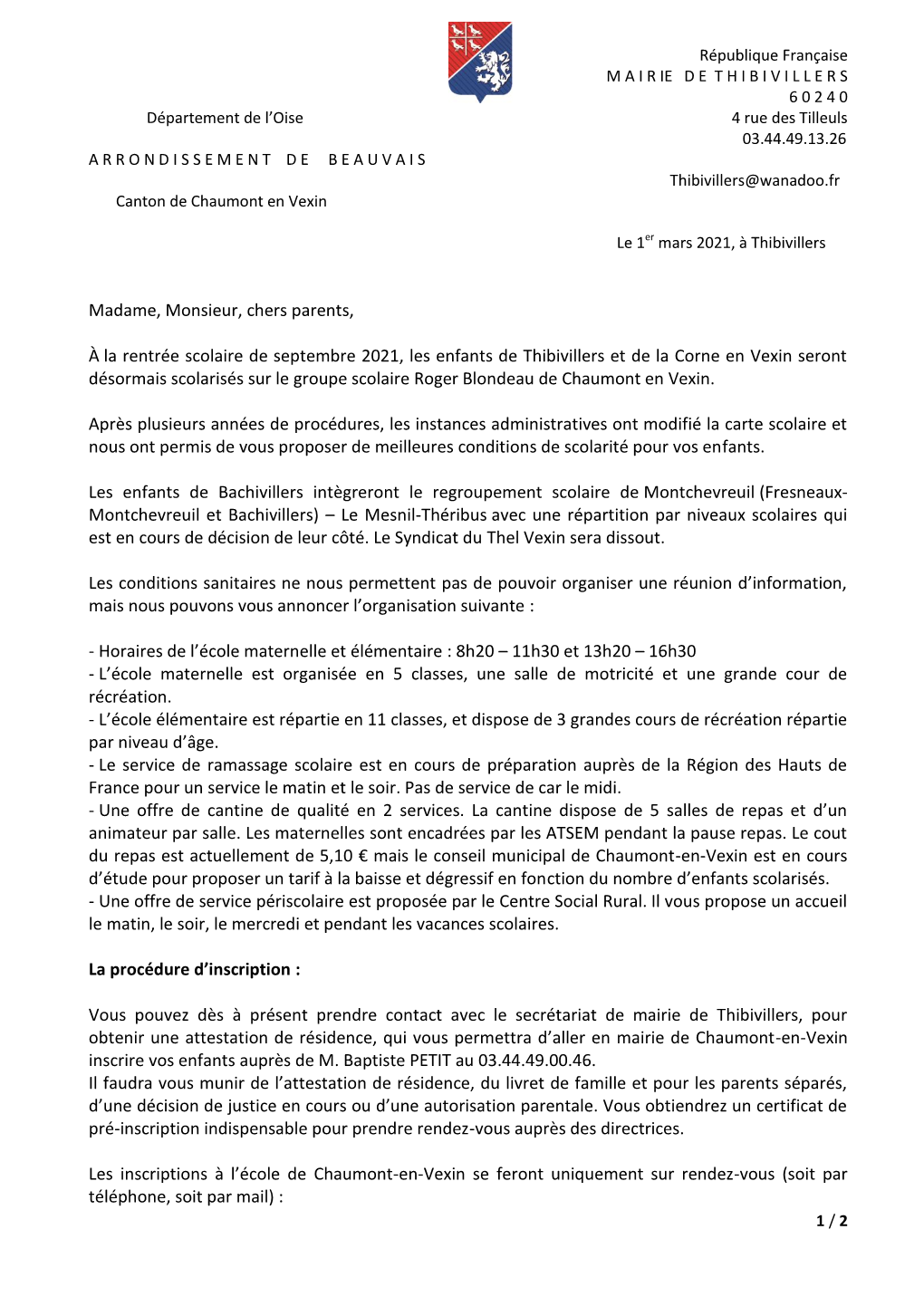 Madame, Monsieur, Chers Parents, À La Rentrée Scolaire De Septembre 2021, Les Enfants De Thibivillers Et De La Corne En Vexin