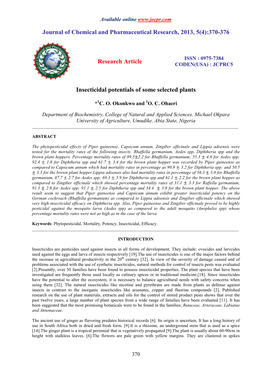 370-376 Research Article Insecticidal Potentials of Some Selecte