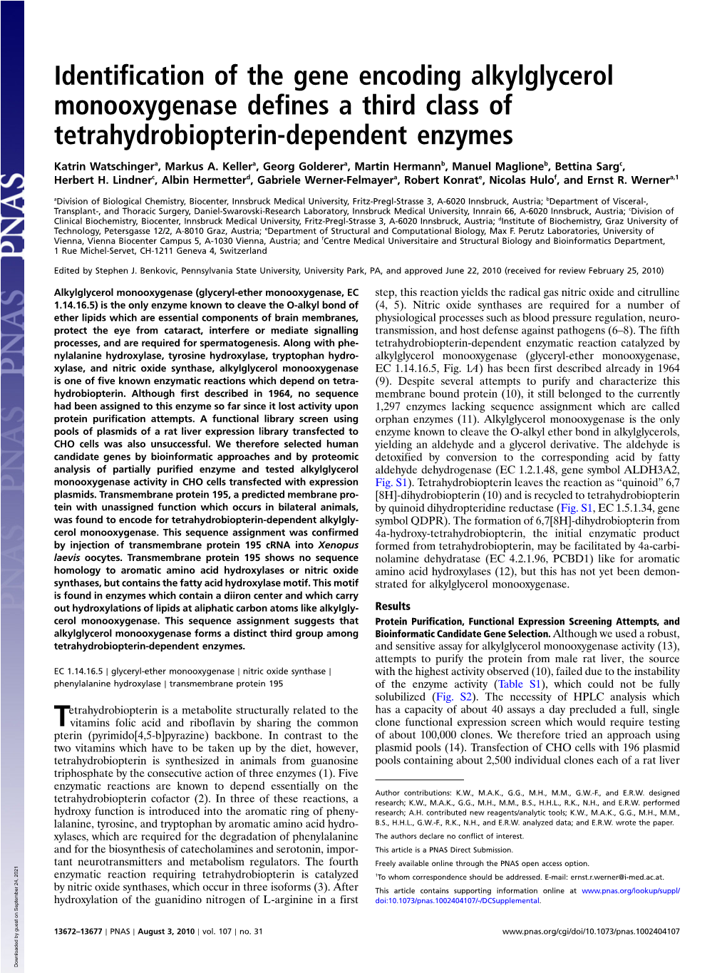 Identification of the Gene Encoding Alkylglycerol Monooxygenase Defines a Third Class of Tetrahydrobiopterin-Dependent Enzymes