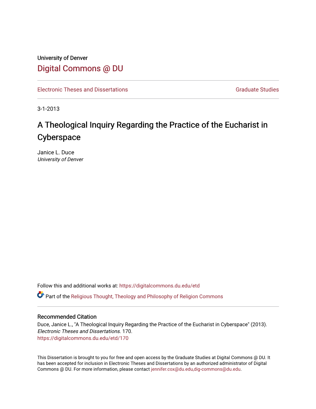 A Theological Inquiry Regarding the Practice of the Eucharist in Cyberspace