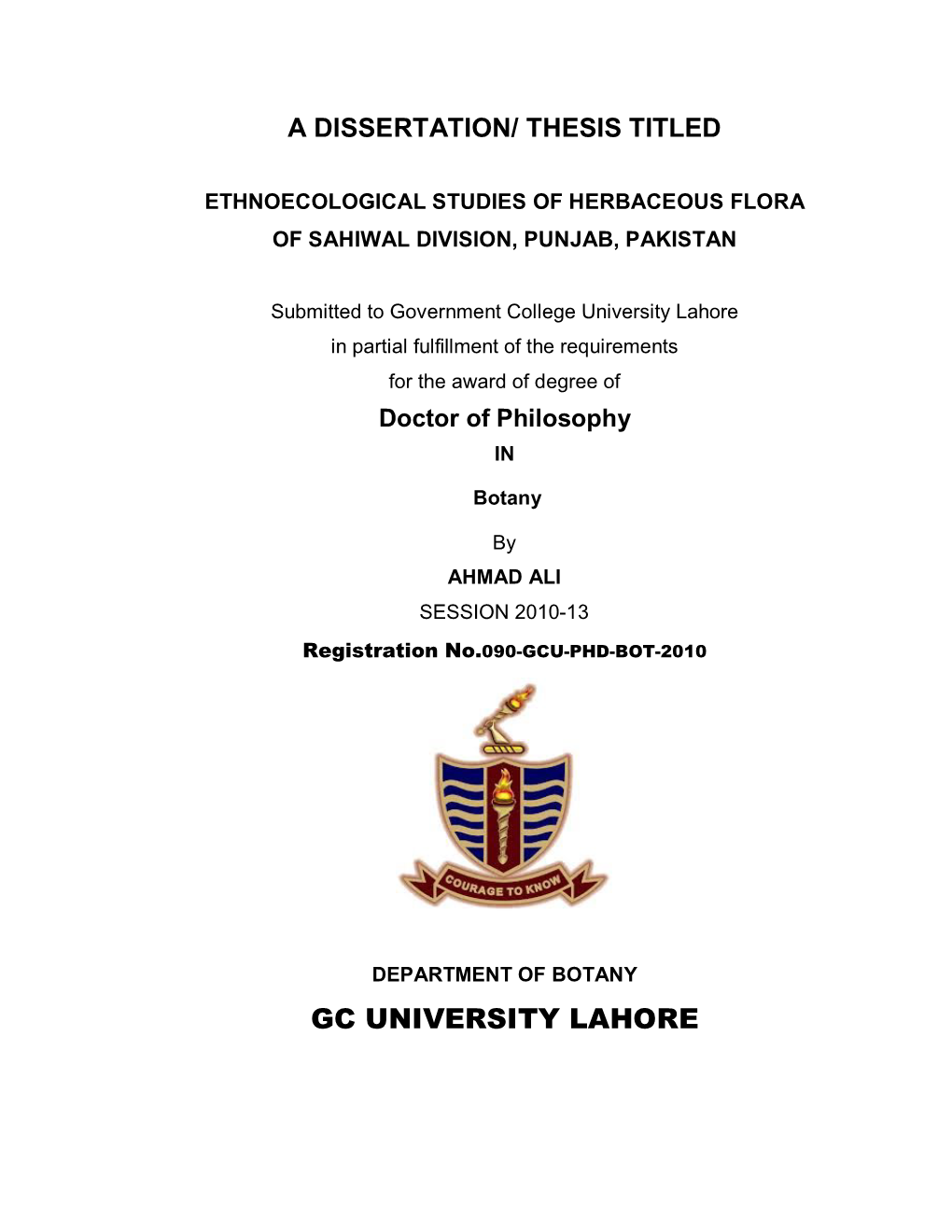 Gc University Lahore a Dissertation/ Thesis Titled